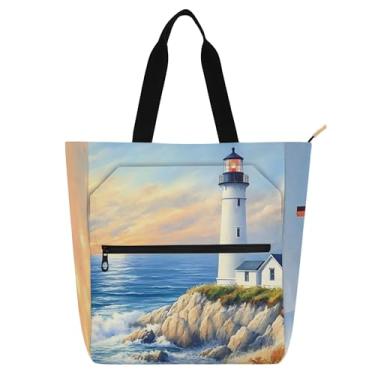 Imagem de GAIGEO Bolsa feminina Seascape Lighthouse Rocky Coast, para trabalho, lona, praia, escola, presente para professores, bolsas para amantes de livros