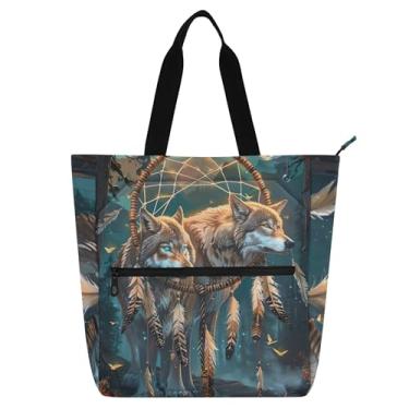 Imagem de GAIGEO Bolsa feminina Wolf Dreamcatcher com estampa florestal para trabalho, lona, praia, escola, bolsa utilitária, bolsas infantis com compartimentos