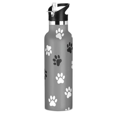 Imagem de Garrafa de água preta e branca para adolescentes com tampa de palha, garrafas de água isoladas de aço inoxidável, à prova de vazamento, livre de BPA, copos infantis para escola, viagens, esportes, 590