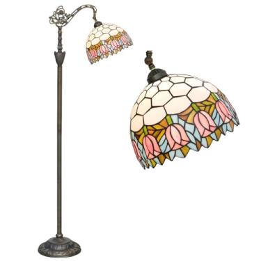 Imagem de Luminária de chão estilo Tiffany com vitral em formato de tulipa, 30x45x160 cm, haste flexível ajustável, luminária de canto para leitura, decoração para quarto e sala de estar, rosa.