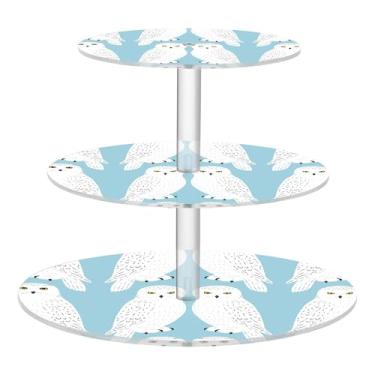 Imagem de Suporte de cupcake com 3 níveis de corujas brancas da neve azul claro para festa, copo de acrílico, torre de bolo, aniversário, sobremesa, bandejas de servir para decoração de festa e comida