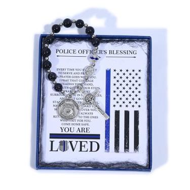 Imagem de Terço de bolso da polícia de São Miguel - Contas de oração de arenito azul com pingente de crachá - Presentes de formatura para policiais e xerife (ornamento de espelho retrovisor de carro e cartão de