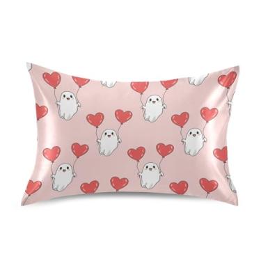 Imagem de Wassud Fronha de cetim para cabelo e pele com balões de coração fantasma, tamanho padrão, respirável, com fecho de envelope