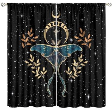 Imagem de Cortina de mariposa, fases da lua misteriosas, estrela, lua, noite, jardim, folhas, boêmio, astrologia, mariposa, cortinas de janela góticas para quarto, decoração de sala de estar, 106,6 cm L x 114,3