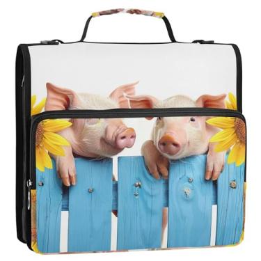 Imagem de Cute Pig Girassóis Organizador com zíper de 3 cm para fichários escolares resistentes com alça de ombro, vários bolsos, pasta grande para portfólio
