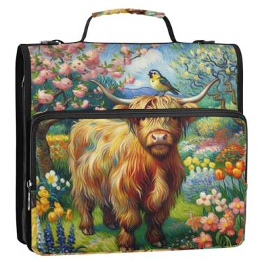 Imagem de Pasta organizadora Highland com 3 anéis de pintura de flor de bezerro de vaca com zíper de 3 cm com alça de ombro para portfólio escolar, suporte de 500 folhas