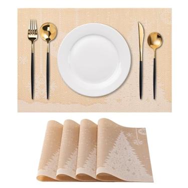 Imagem de CADONO Jogo americano conjunto de 4 tapetes de vinil laváveis para mesa de jantar, antiderrapante, resistente ao calor, de PVC (árvore de Natal - ouro)