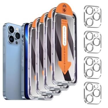 Imagem de Pacote com 4+4 protetores de tela de privacidade para iPhone 13 Pro com protetor de lente de câmera cobertura total, película de vidro temperado antiespião, dureza 9H, fácil instalação, sem bolhas
