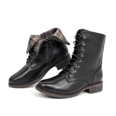 Imagem de VJH confort Botas femininas de cano médio com cadarço e salto baixo militar com zíper, Preto, 39