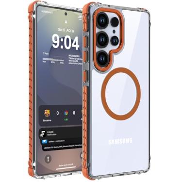 Imagem de DEERLAMN Capa magnética forte para Samsung Galaxy S25 Ultra de 6,9 polegadas, [compatível com Magsafe] Capa protetora transparente e fina à prova de choque, transparente + laranja