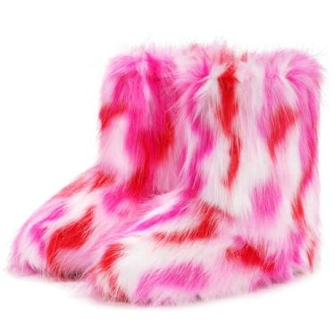 Imagem de IXU Bota feminina de pele sintética, bico redondo, felpudo, bico redondo, camurça, neve, inverno, confortável, confortável, quente, curta, para uso externo, para uso interno, botas de cano médio,