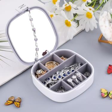 Imagem de Caixa de joias de viagem pequena caixa de joias com espelho caixa de maquiagem portátil para brincos, anéis, colares, pulseiras, melhor presente para mulheres (branco e cinza)