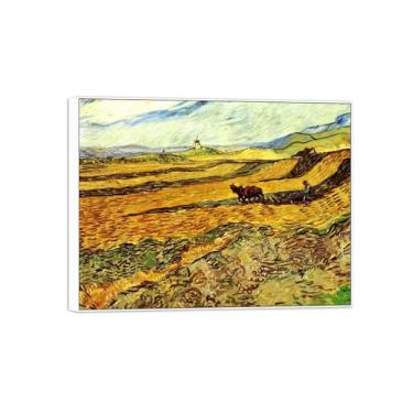 Imagem de Vincent van Gogh Famosa pintura em tela de arte de parede pronta para pendurar. Campo e moinho. Imagem em moldura branca para decoração de sala de estar 90 x 117 cm 35 x 46 pol