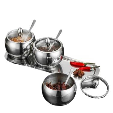 Imagem de Kit3 Potes Açúcar Condimentos Com Bandeija Aço Inox 304 Esférico Cozinha Moderno Organizador(Prata)