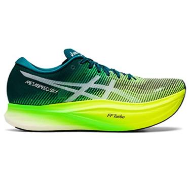 Imagem de ASICS Tênis de corrida unissex METASPEED Sky+, Pinho veludo/amarelo de segurança, 45