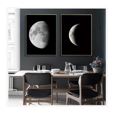 Imagem de Arte de parede abstrata moderna lua astronomia pôsteres de satélite e mudanças de fase da lua impressas sala de estar quarto decoração - (75 x 100 cm x 2) 76 x 99 cm sem moldura