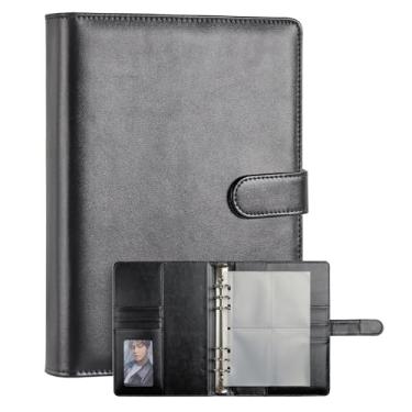 Imagem de Fichário A5 Kpop Photocard, páginas recarregáveis de couro PU, capa organizadora de 6 anéis com 10 páginas de bolso e 1 conjunto de tabelas, agenda pessoal com fivela magnética (preto)