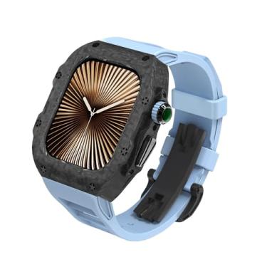 Imagem de BUDAY Kit de modificação de capa de relógio de fibra de carbono luxuosa para Apple Watch S10 de 46 mm, para Iwatch Series Ultra 2 de 49 mm, 9, 8, 7, 6, 5, 4, SE, 44 mm, 45 mm (azul, 49 mm)