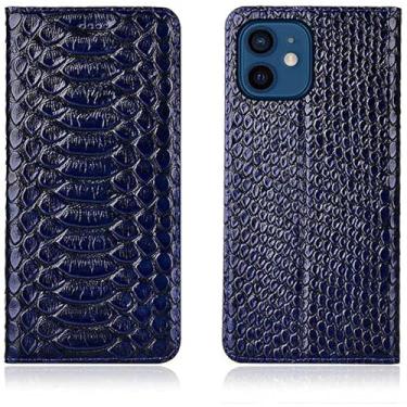 Imagem de KKFAUS Capa de telefone fólio magnética de couro, para Apple iPhone 12 Mini (2020) 5,4 polegadas Python Pattern Stent Function Case com slot para cartão (Cor: azul)