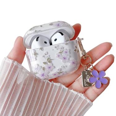 Imagem de MINSCOSE Capa transparente para AirPods 4, design bonito com estampa de folhas de plantas florais com chaveiro feminino, capa protetora de TPU macio à prova de choque para meninas e mulheres para