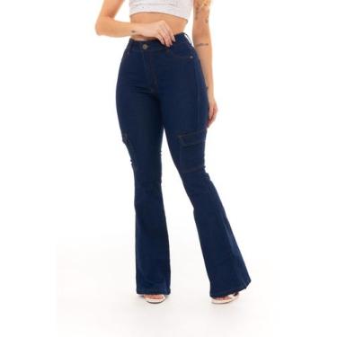 Imagem de Faraya Jeans Calça Flare Escura com bolso cargo do lado Cintura alta c