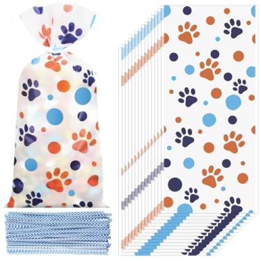Imagem de Marspark 100 peças de sacos azuis de desenho animado para festa de pata de cachorro com laços 27 x 12 cm com tema de pata de cachorro celofane salgadinhos para chá de bebê, decorações de festa de