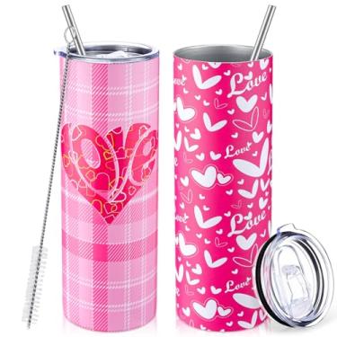 Imagem de Zopeal 2 peças presente de dia dos namorados para mulheres copo de coração rosa copos para namorada esposa aniversário 590 ml aço inoxidável parede dupla caneca de café garrafa de água com tampa