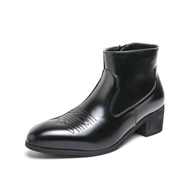 Imagem de Botas masculinas clássicas retrô de salto alto bordadas Chelsea botas modernas de cavaleiro de bico fino, Preto, 10.5