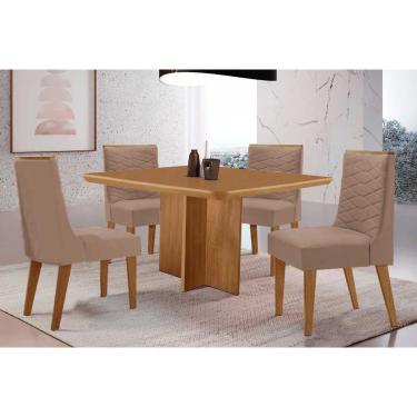 Imagem de Sala Jantar Mesa Berlim Tampo Curvo 90cm+4 Cadeiras Maldivas Madeira Naturale - Capuccino/Suede Capuccino - Rufato