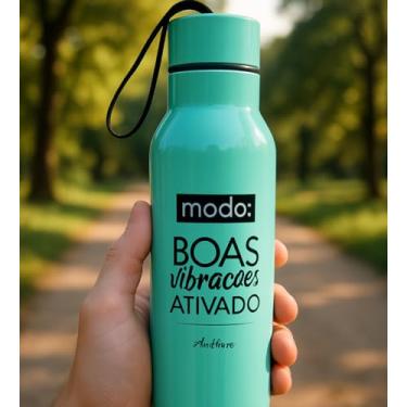 Imagem de Garrafa isotermica Inox 650ml - Frase "Modo Boas Vibrações Ativado" - Compacta para Porta Copos Escola Viagens Trabalho Presente (AZUL)
