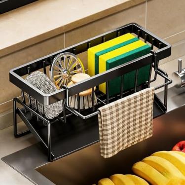 Imagem de Suporte de esponja de aço inoxidável com rack de armazenamento de pia de cozinha organizador de bancada para escovas de sabão de pano de prato economia de espaço rack de cozinha - preto