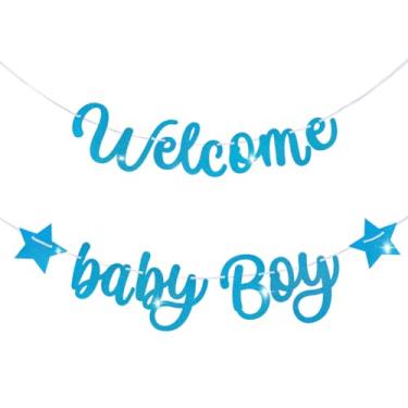 Imagem de Faixa Welcome Baby Boy - Decorações de chá de bebê pré-amarradas com glitter azul e dourado, placa de festa reveladora de gênero, presente de boas-vindas para bebês meninos para suprimentos de festa