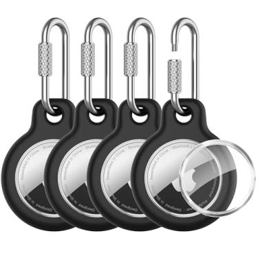 Imagem de Suporte AirTag – Pacote com 4 capas para Apple Tags [mosquetão com trava de parafuso] [capa impermeável e leve] para animais de estimação, chaves, bagagem, mochilas, acessórios de viagem (4 preto)