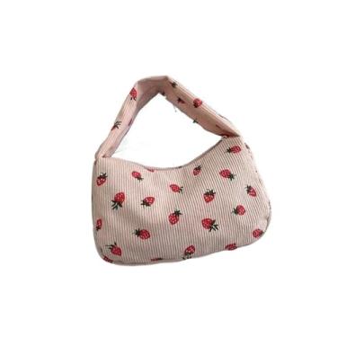 Imagem de Bolsa feminina pequena de veludo cotelê com estampa fofa, bolsa axila, design de meia lua, mini bolsas de ombro, Rosa, One Size