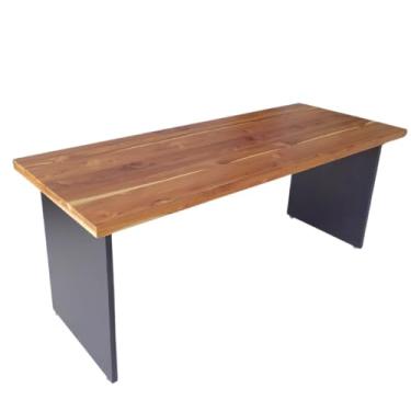 Imagem de Escrivaninha Mesa Madeira Teca 4cm Escritório Madeira Maciça Setup Gamer (VERNIZ INCOLOR/BASE PRETA, 200x70cm)