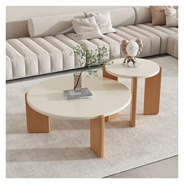 Imagem de Conjunto simples de mesa de centro moderno de 2 peças para sala de estar, mesa de assento, acabamento natural redondo com madeira de faia, mesa de coquetel para varanda de escritório, empilhável |