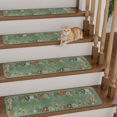 Imagem de Corredores de escada antiderrapantes para degraus de madeira internos 76.2 cm x 20.3 cm tapetes de escada florais tapetes de escada para crianças, idosos e cães, capas de escadas, verde