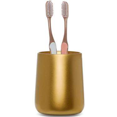 Imagem de Yew Design Suporte dourado para escova de dentes e pasta de dente e copo para banheiro e bancada, organizador redondo para escovas de dentes elétricas, fio dental, lâminas, algodão e enxaguante bucal