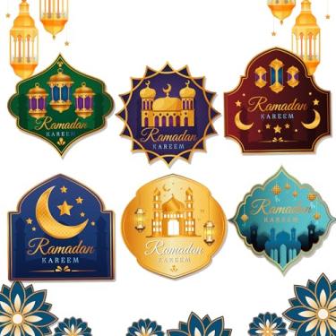 Imagem de 24 peças de jogo americano descartáveis do Ramadã – 6 desenhos islâmicos com motivos de mesquita, lua crescente e lanterna, tapetes de mesa de papel de 32 x 32 cm, perfeitos para festas do Ramadã