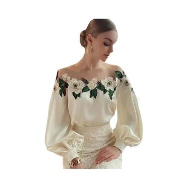 Imagem de Blusa De Chiffon De Manga Longa Feminina Com Bordado Floral Top De Mod