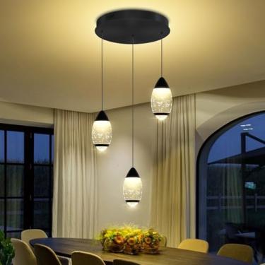 Imagem de WOSOHYUN Luminária pendente de LED regulável com 3 luzes para ilha de cozinha, lustre moderno de cristal com bolhas pretas reguláveis, luzes de teto suspensas para sala de jantar