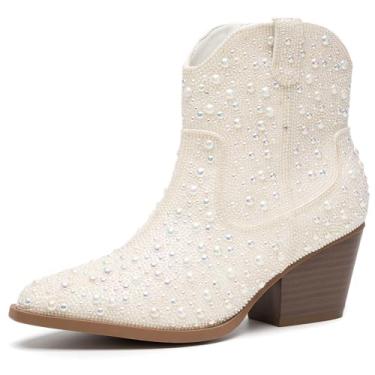Imagem de YAYONE Botas de tornozelo brilhantes com zíper e strass – bico fino com glitter, sapatos modernos, confortáveis, botas ocidentais de salto grosso, Xbx03w-branco, 36