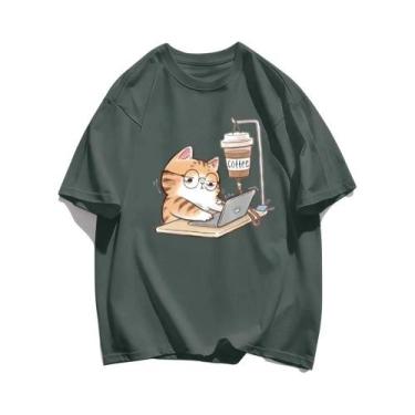 Imagem de Camisetas De Algodão Femininas De Verão Com Estampa De Gatos E Café, T