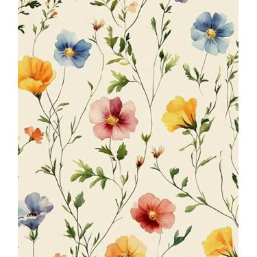 Imagem de Papel de parede floral bege descascar e colar, papel de contato botânico vintage, papel de parede de flores Coloful autoadesivo removível à prova d'água para sala de estar quarto prateleira armário