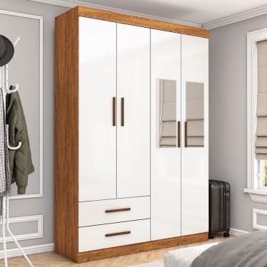 Imagem de Guarda-Roupa Solteiro Solo 4 Portas 2 Gavetas com Espelho Cinamomo/Branco - Pnr Móveis