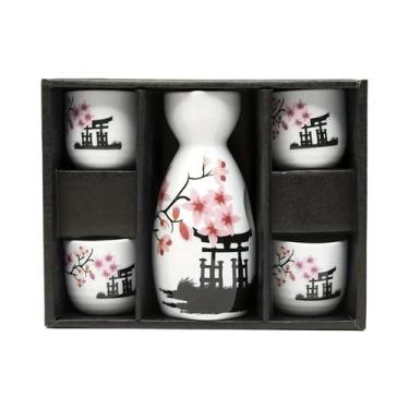 Imagem de Conjunto De Sake Cerâmico Branco E Rosa Com Flores Pintadas À Mão, Dis