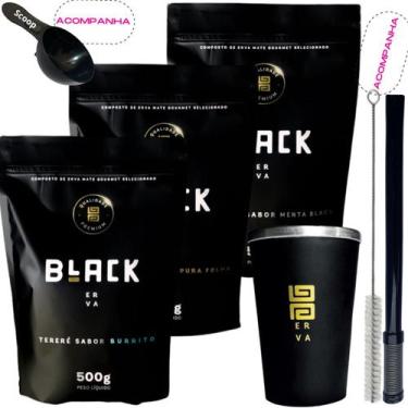 Imagem de Kit 3 Pacotes Black Erva Mate Tereré + Copo de Alumínio Térmico + Bomb