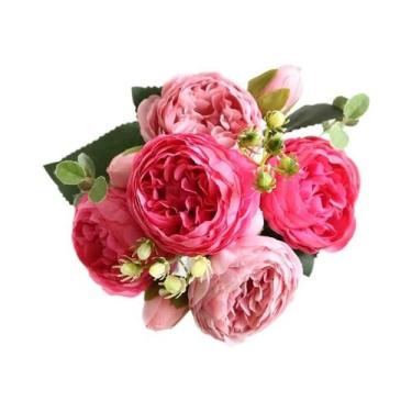 Imagem de Buquê De Rosas De Seda Peônia Flores Artificiais Para Decoração De Cas