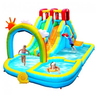 Imagem de Parque Aquático Inflável até 160 kg com Cortina de Água, Escorregador e Parede de Escalada, WELLFUNTIME, Colorido