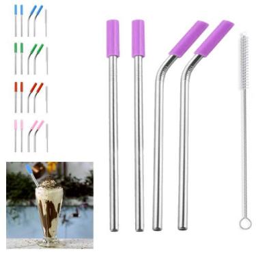 Imagem de Canudos Aço Inox Milk Shake Silicone 7mm kit 4 Reutilizaveis - AB MIDI